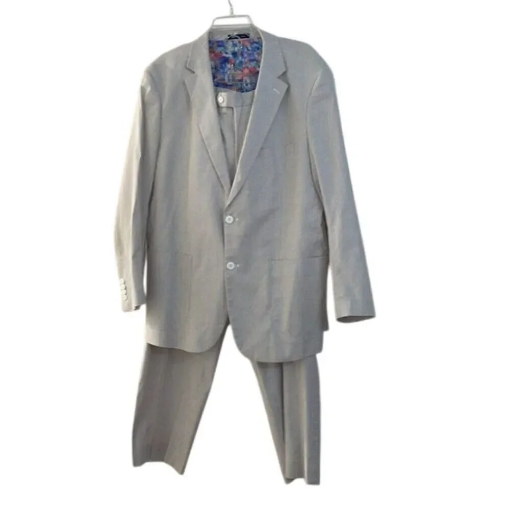 Alan Flusser Seersucker Suit Mens XL Blazer 40x30 Pants Gray Striped Cotton